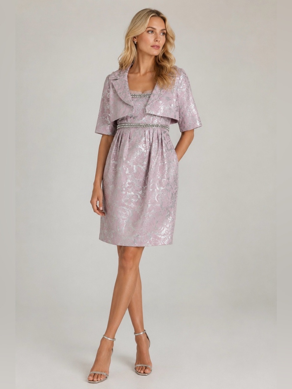 Carmen Marc Valvo Jacquard Rhinestone Trimmed Dress & Jacket Party Set Size 2/4